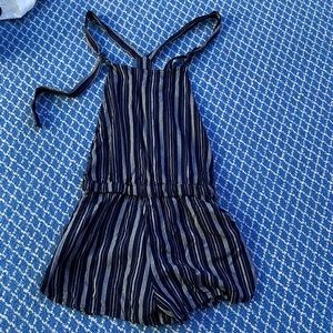 blue and white striped overalls